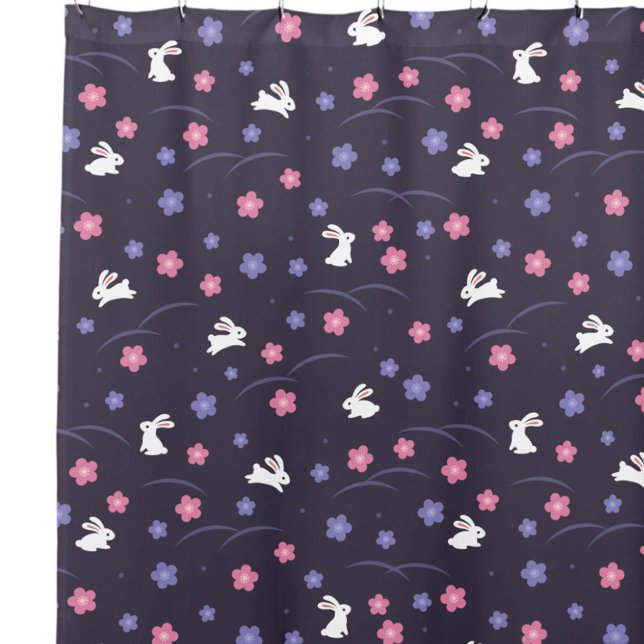 Rideaux De Douche Joli lapin blanc lapin et Motif de fleurs (Créateur téléchargé)