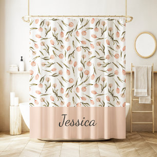 Rideaux De Douche Joli monogramme de nom pêche blanche aquarelle flo