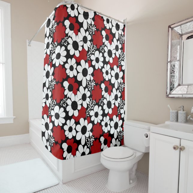 Rideaux De Douche Joli motif floral en rouge, noir et blanc (En situation)