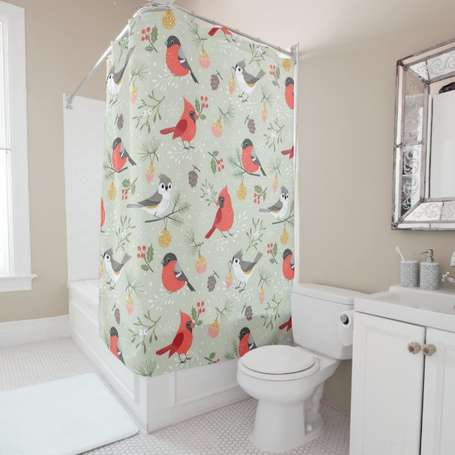 Rideaux De Douche Joli Noël Oiseau Motif Design de vacances (En situation)