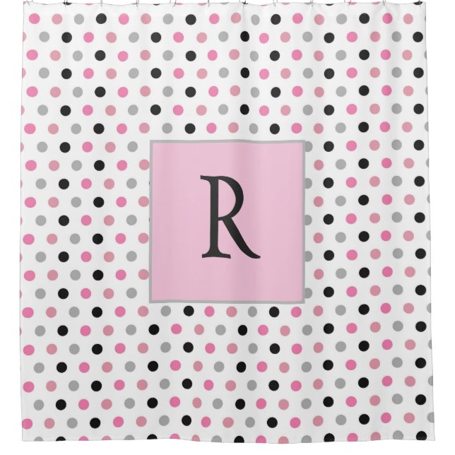 Rideaux De Douche Joli point Monogram rose blanc et gris Polka (Devant)