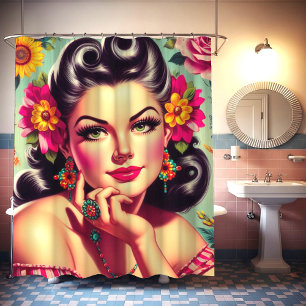 Rideaux De Douche Joli portrait pin-up floral rétro
