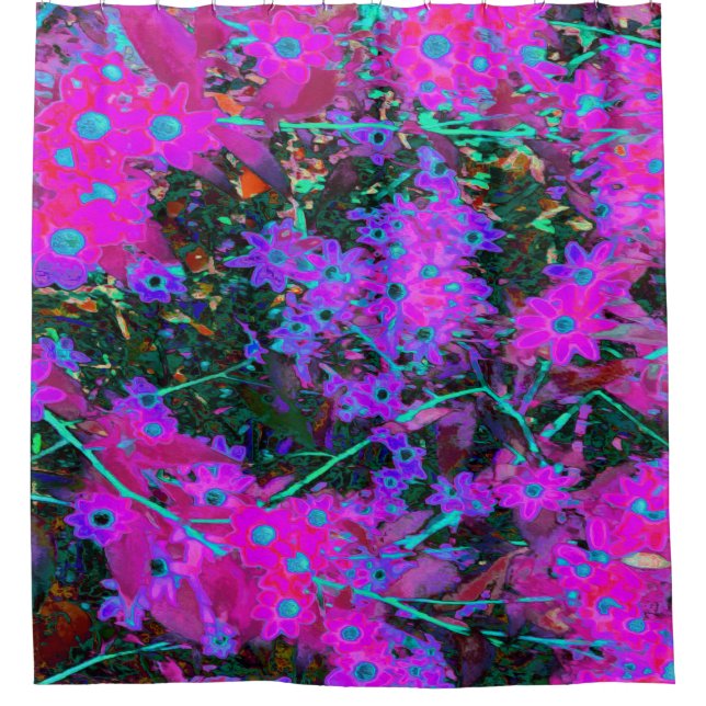 Rideaux De Douche Joli rose chaud, Magenta et bleu Aqua Flowers (Devant)