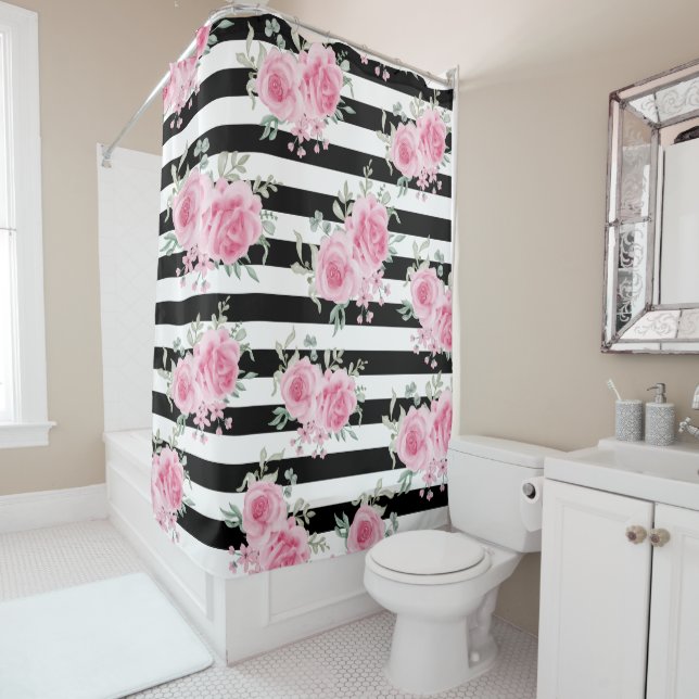 Rideaux De Douche Joli rose Floral Rose Black Stripes Aquarelle (En situation)