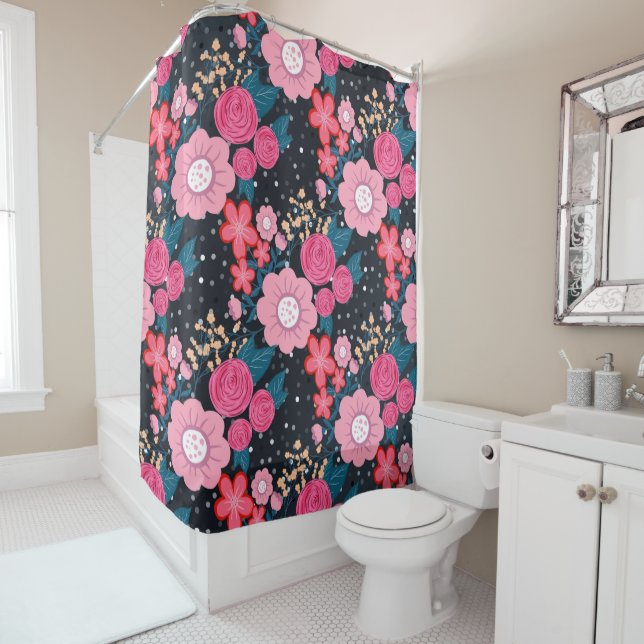 Rideaux De Douche Joli rose giral Floral Silver Dots Gris design (En situation)
