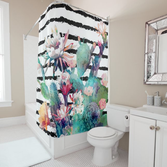 Rideaux De Douche Jolie aquarelle Cactus Floral Black Stripes (En situation)