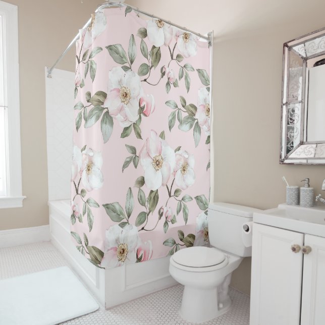 Rideaux De Douche Jolie Fleurs Blanches Roses (En situation)