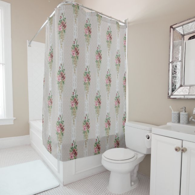 Rideaux De Douche Jolie roses roses victoriennes et dentelle blanche (En situation)