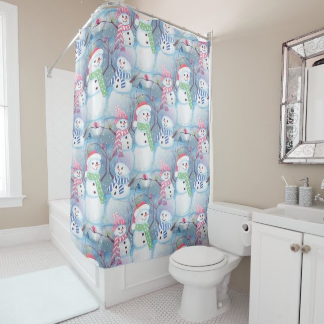 Rideaux De Douche Jolie saison hivernale Snowmen Aquarelle Art (En situation)