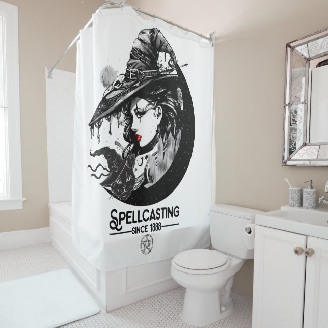 Rideaux De Douche Jolie sorcière et chat noir Wiccan Wicca Espellcas (En situation)
