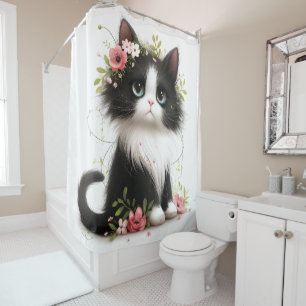 Rideaux De Douche Jolie Tuxedo Kitten avec Fleurs