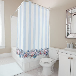 Rideaux De Douche Jolies fleurs et bandes roses et bleues