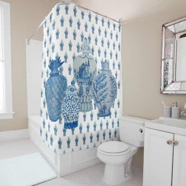 Rideaux De Douche Jouets de gingembre bleu et blanc (En situation)