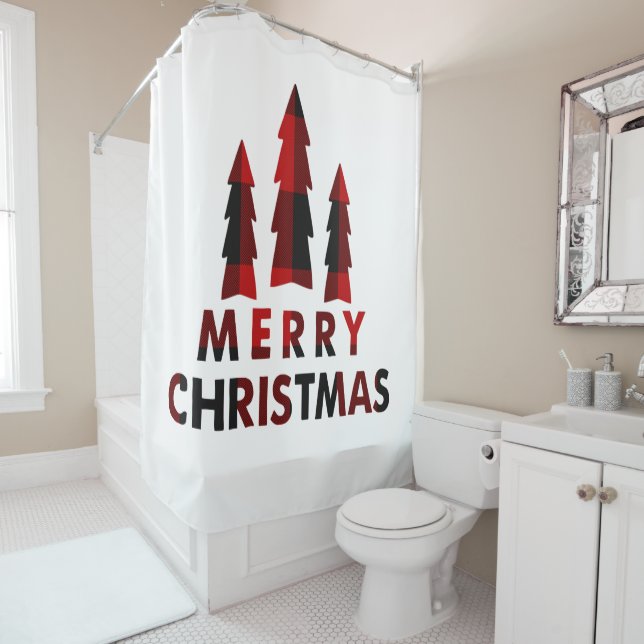 Rideaux De Douche Joyeux Arbres de Noël Rustiques Buffalo Rouge Plai (En situation)