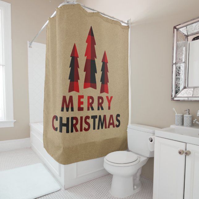Rideaux De Douche Joyeux Arbres de Noël Rustiques Buffalo Rouge Plai (En situation)