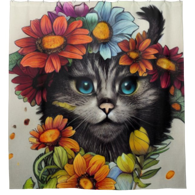 Rideaux De Douche Joyeux Chat Aux Yeux Bleus Entouré De Fleurs (Devant)