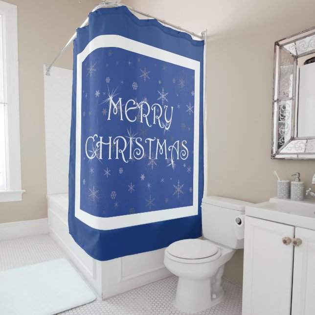 Rideaux De Douche Joyeux Noël en bleu avec des flocons de neige (En situation)