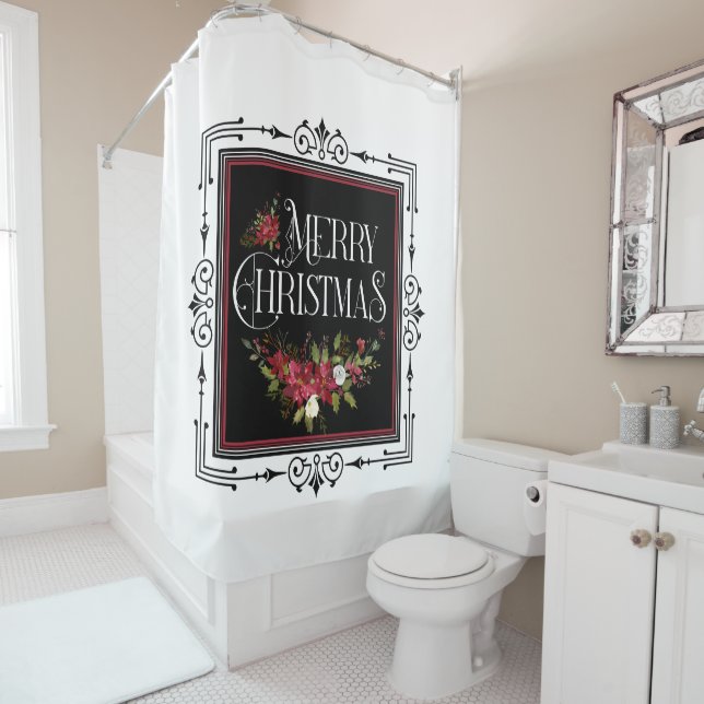 Rideaux De Douche Joyeux Noël Rouge Floral Swag Cadre Art Déco (En situation)