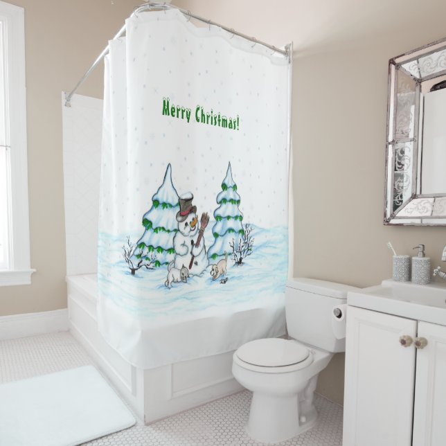 Rideaux De Douche Joyeux Noël ! Snowman avec chat et chiot (En situation)