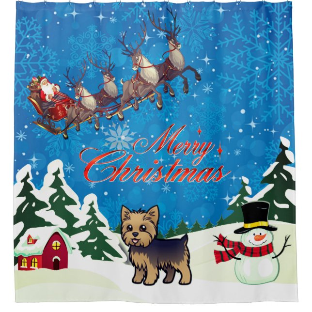 Rideaux De Douche Joyeux Yorkie de Noël avec Père Noël (Devant)