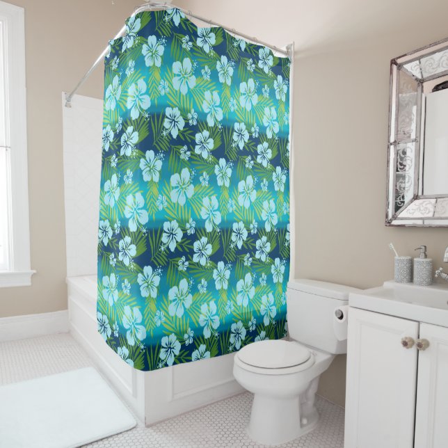 Rideaux De Douche Kalani Tie Dye Mélange Hibiscus Tropical - Turquoi (En situation)
