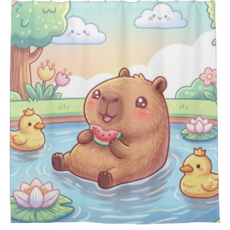 Rideaux De Douche Kawaii capy in a pond