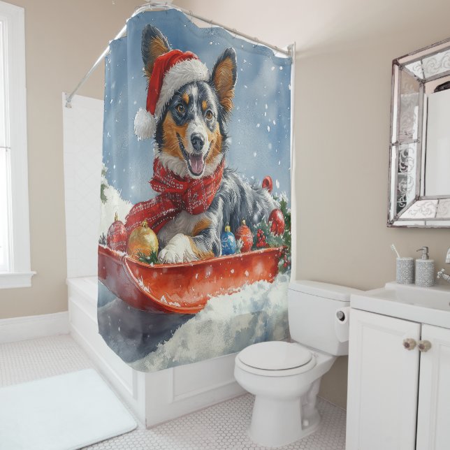 Rideaux De Douche Kelpie australienne dans Sledge laissez-le neiger  (En situation)