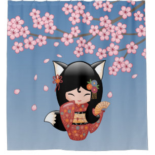 Rideaux De Douche Kitsune Kokeshi Doll Black Fox Geisha Girl Blue
