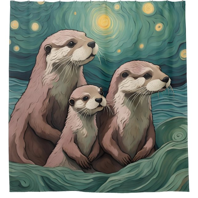 Rideaux De Douche La famille Otter dans un océan étoilé (Devant)