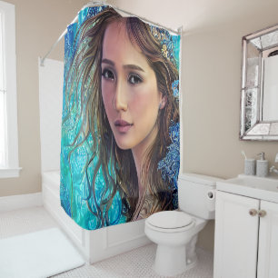 Rideaux De Douche La femme bleue et les vagues   Art Abstrait