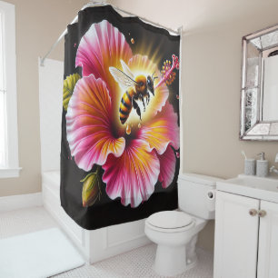 Rideaux De Douche L'abeille de miel pollinise un Hibiscus lumineux e