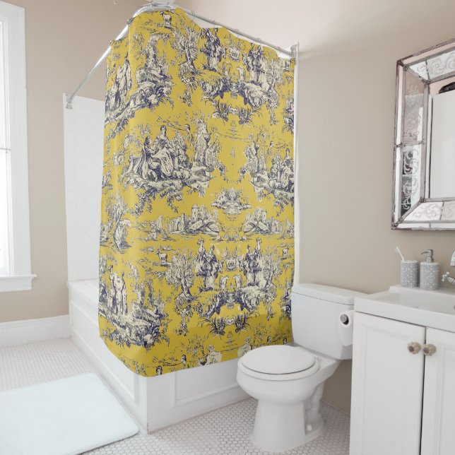 Rideaux De Douche Lac fleuri vintage jaune toile de jouy (En situation)