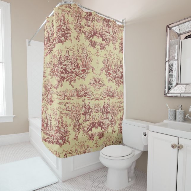 Rideaux De Douche Lac vintage jaune rouge toile de jouy (En situation)