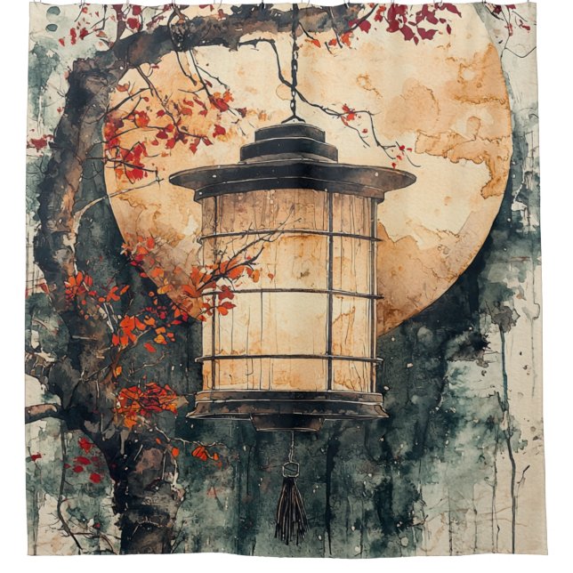 Rideaux De Douche Lanterne éclairée par la lune Sumi-E Aquarelle (2) (Devant)