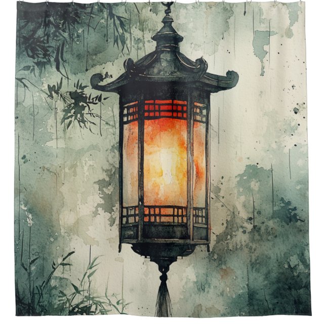 Rideaux De Douche Lanterne éclairée par la lune Sumi-E Aquarelle (3) (Devant)