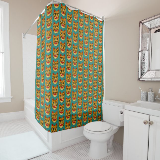 Rideaux De Douche Laughing Leopard Aquarelle Motif Vert Turquoise (En situation)