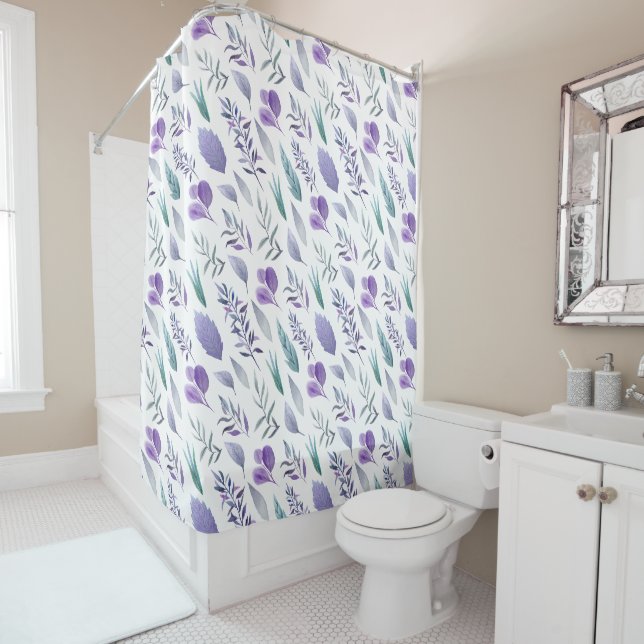 Rideaux De Douche Lavande moderne violet Turquoise Feuilles verts (En situation)