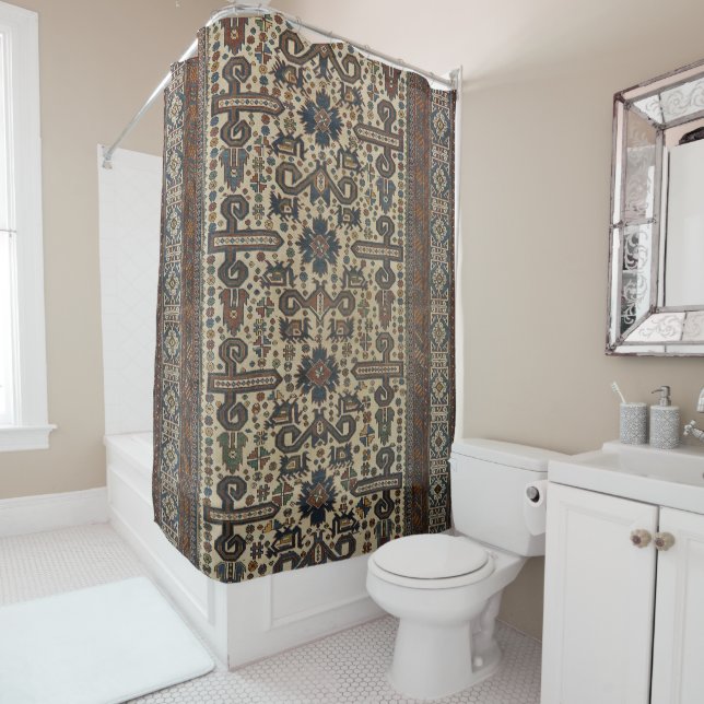 Rideaux De Douche Le beige Brown du Caucase oriental Turquoise  (En situation)