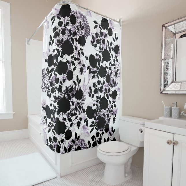 Rideaux De Douche Le blanc noir rougissent lavande Toile floral (En situation)