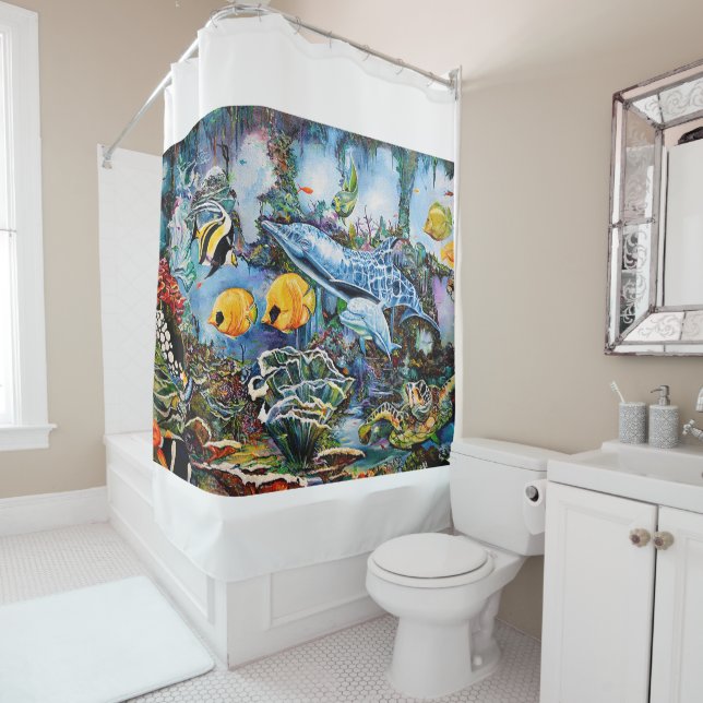 Rideaux De Douche Le dauphin et les poissons nagent près du récif (En situation)