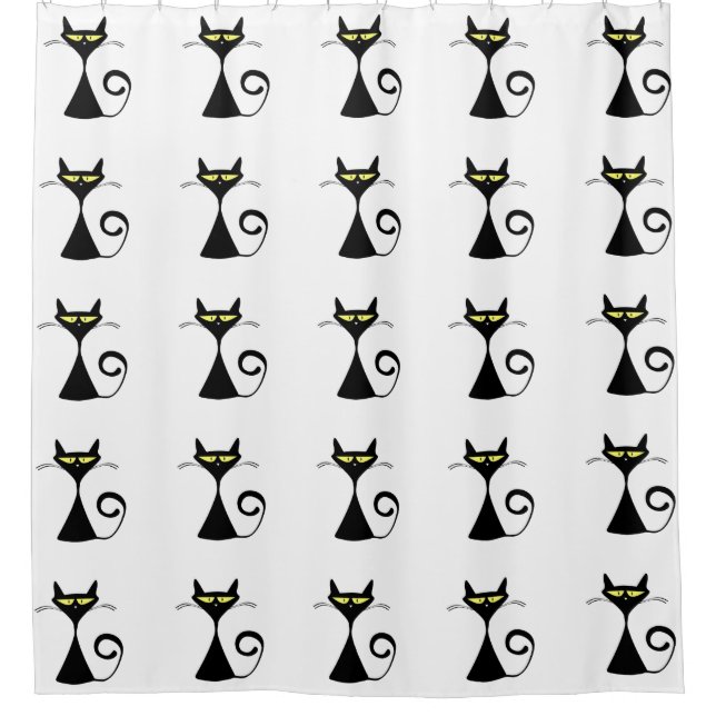 Rideaux De Douche Le jaune graphique moderne de chat noir observe la (Devant)