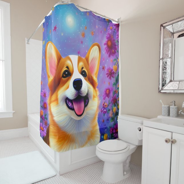 Rideaux De Douche Le monde floral de Corgi (En situation)