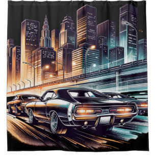 Rideaux De Douche les années 70 Muscle Car Cityscape