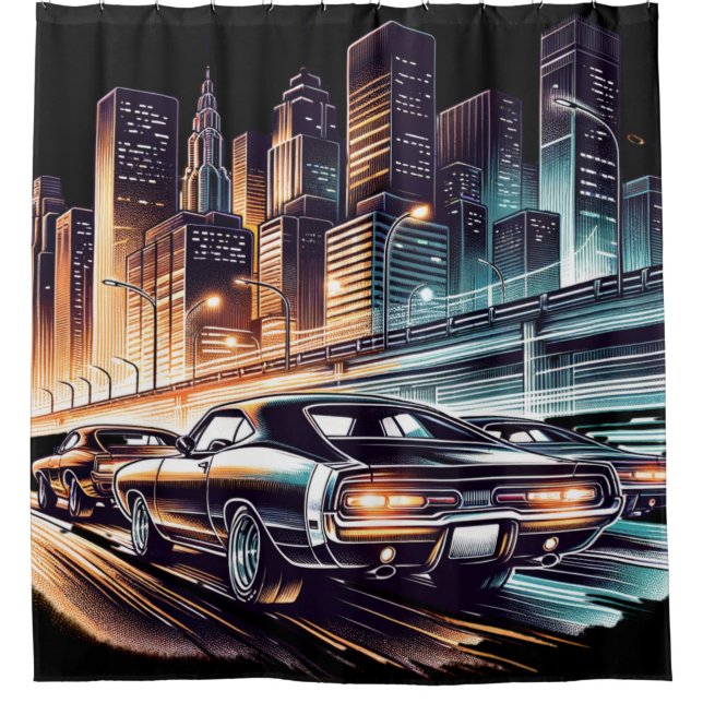 Rideaux De Douche les années 70 Muscle Car Cityscape (Devant)