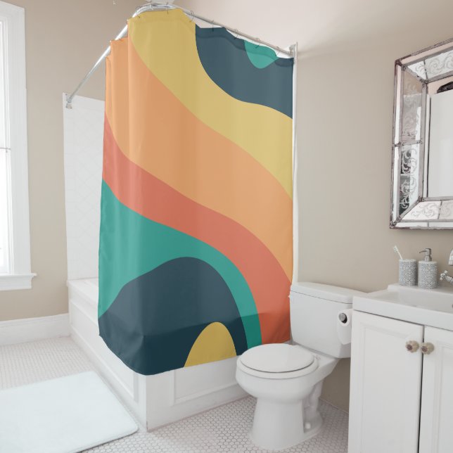 Rideaux De Douche les années 70 rétro Super Motif Turquoise, orange, (En situation)