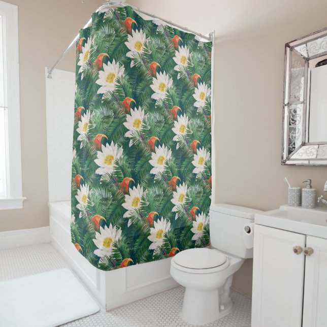 Rideaux De Douche Les Blancs Lotus Tropical Birds & Lotus Motif (En situation)