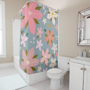 Rideaux De Douche Les Fleurs 06 Fleur Motif Floral Bleu Et Blush