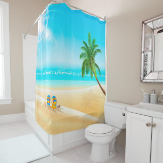 RIDEAUX DE DOUCHE L'ÉTÉ. PLAGE, PALMIER ET FLOPS DE VOL.
