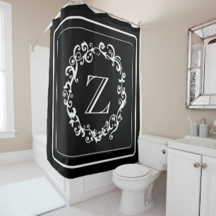 RIDEAUX DE DOUCHE LETTRE DE CONCEPTION DE FRONTIÈRE BLANCHE NOIR