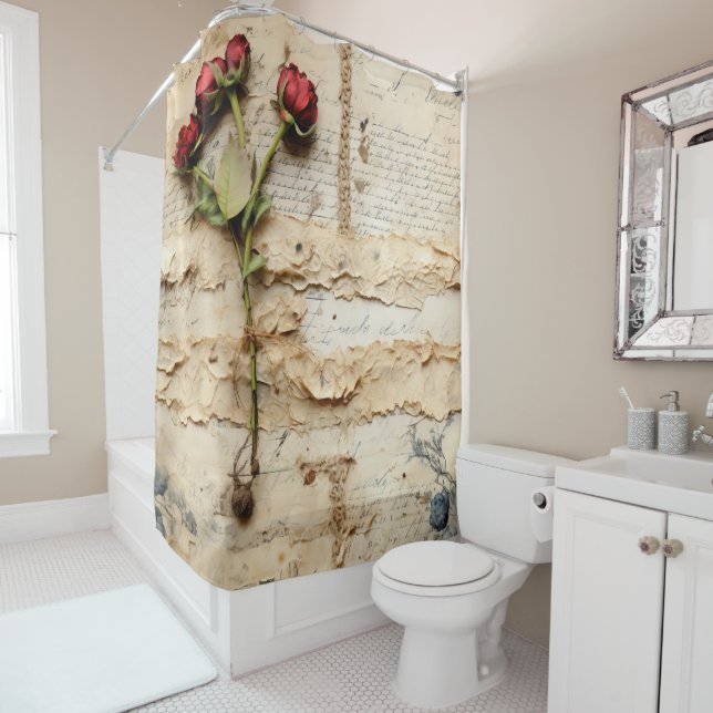 Rideaux De Douche Lettre vintage d'amour parchemin avec fleurs (2) (En situation)